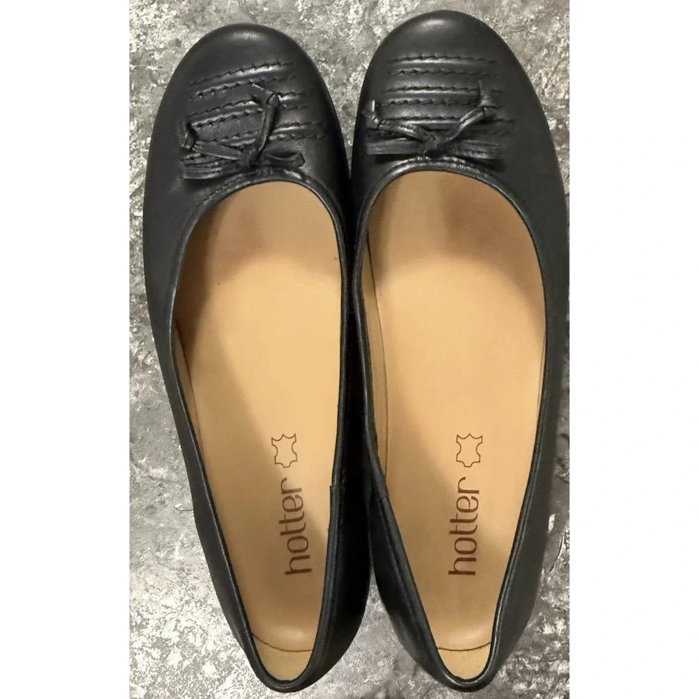 Hotter Womens Emmy Leather Pintuck Bow Ballet Comfort Flats Black Sz 10